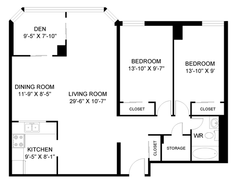 Floor plan for 2 beds, 1 bath, 1104 sqft